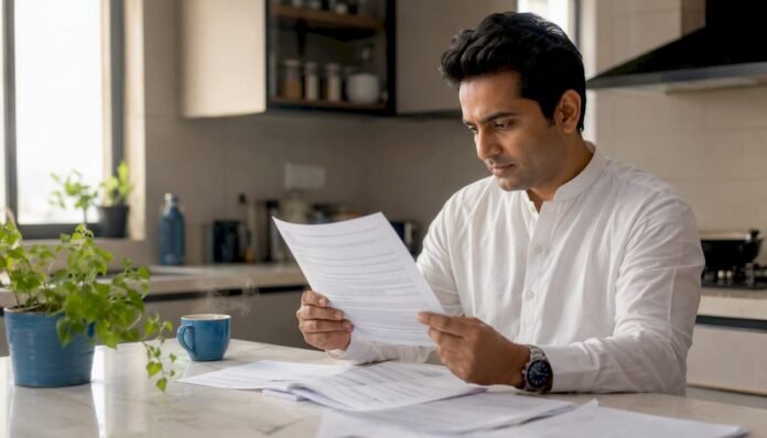Man reviewing lottery legal document at home