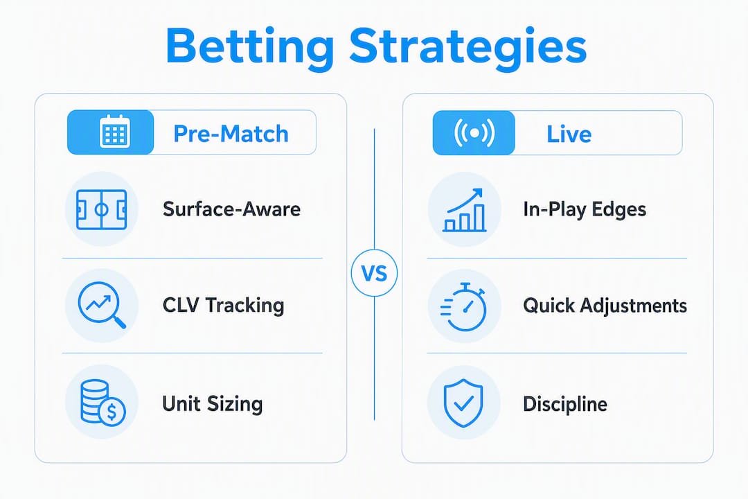 Infographic comparing pre-match and live tennis betting strategies