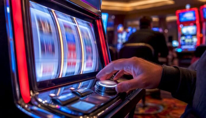 Hand pressing spin on slot machine reels