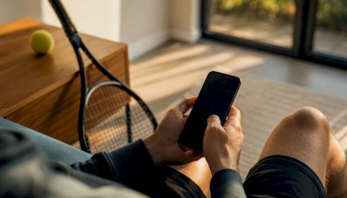 Hands holding phone with tennis ball on table