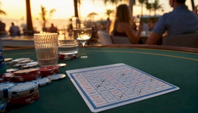 Keno card with betting chips on casino table