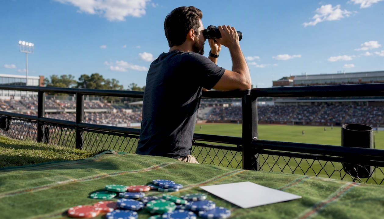 Hands holding binoculars at stadium with betting chips