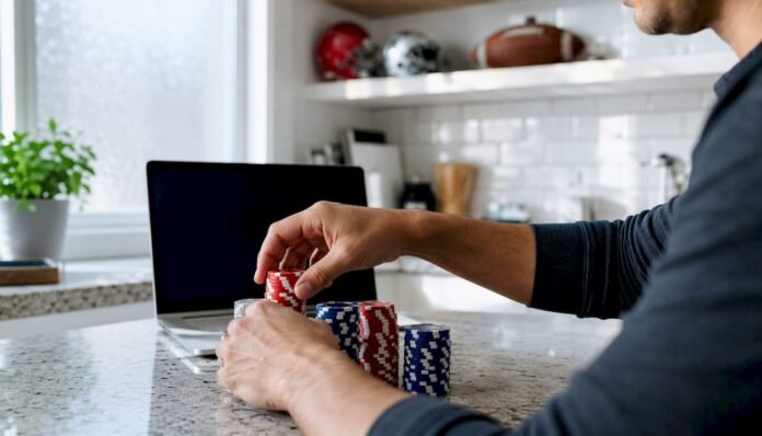 Hands organizing betting chips on white table