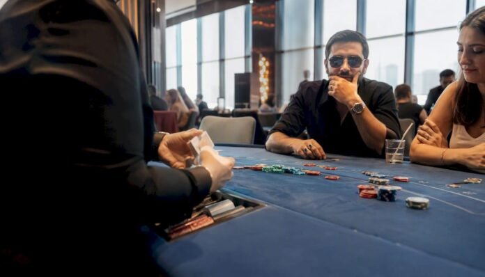 Close-up of live casino chips and cards