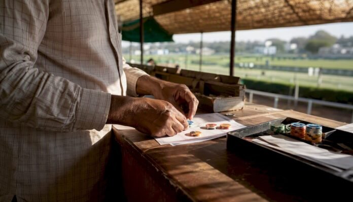 Hands placing chips at on-course betting window