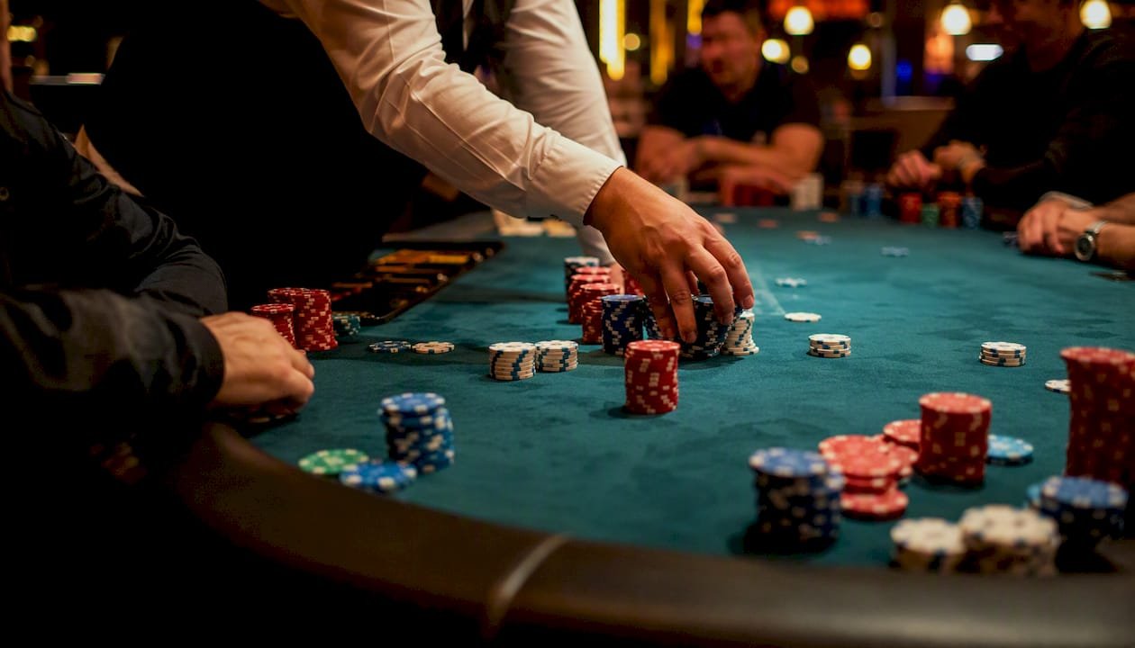 Casino chips representing house edge on felt table