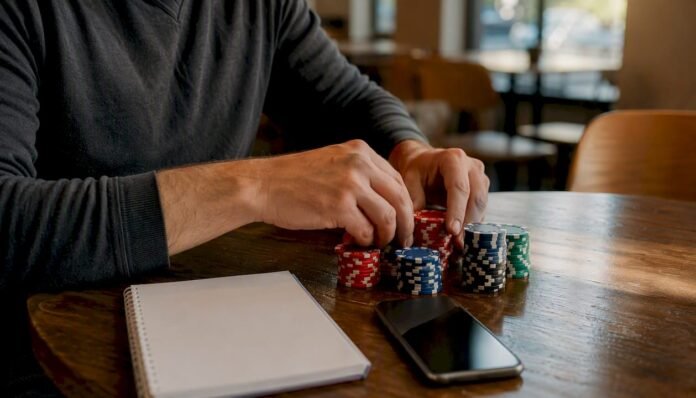 Hands managing betting bankroll with chips and calculator