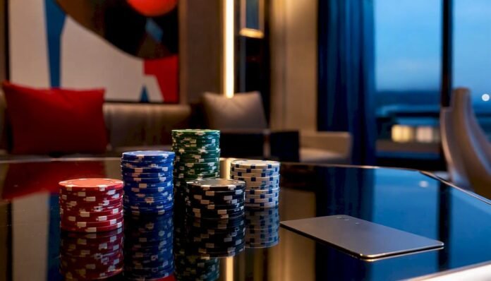 Casino chips stacked next to a credit card