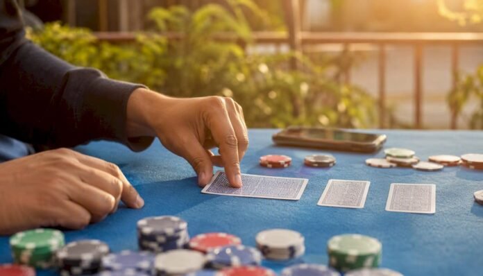 Hand dealing Teen Patti cards on table with chips