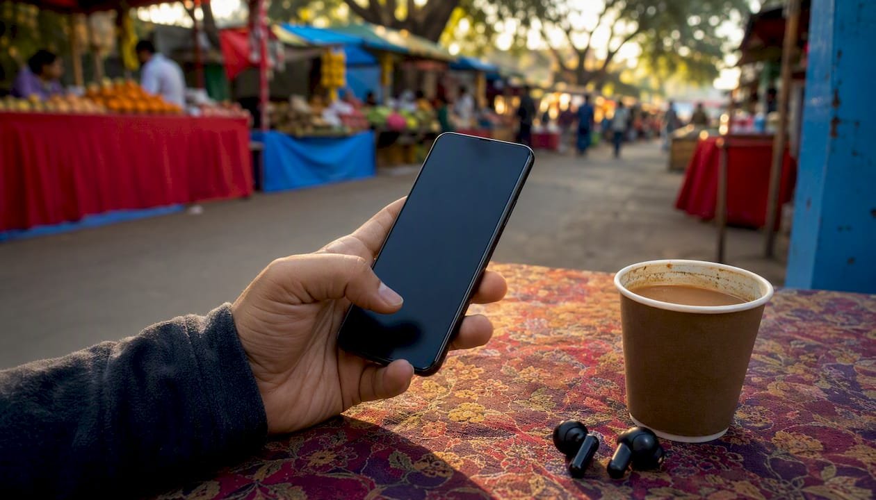 Hand holding smartphone poised to tap screen outdoors