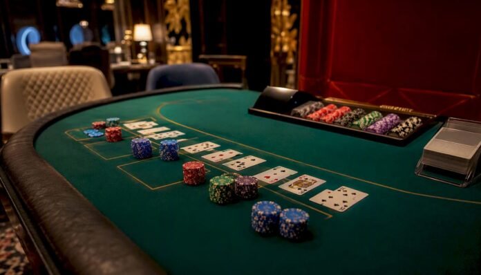 Baccarat table with cards and chips close-up