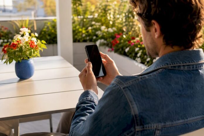 Hands holding smartphone checking casino license