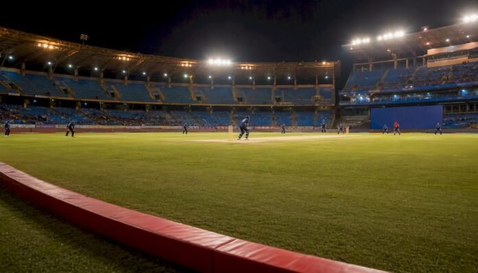 Cricket match under stadium lights in India