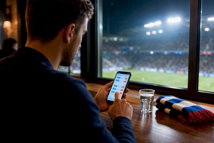 Football bettor reviewing accumulator selections