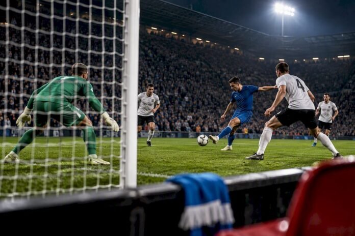 Live football match near the goal