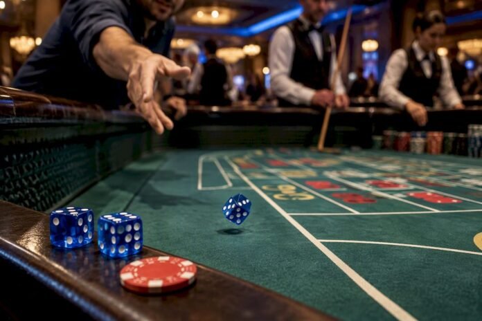 Dice rolling across a casino craps table