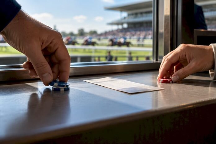 Hands placing split stakes beside betting slip