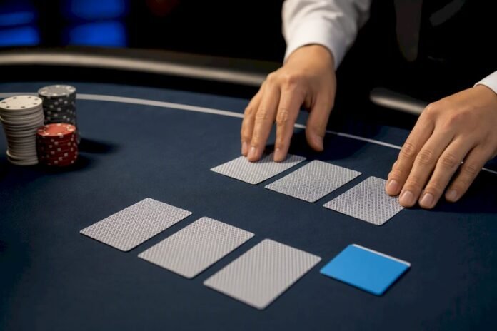 Dealer comparing three-card poker hands